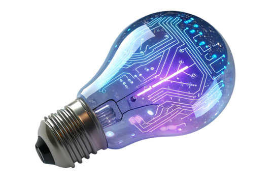 Conceptual Light Bulb with Integrated Circuit Board Design Representing Innovation in Technology on a Black Background.