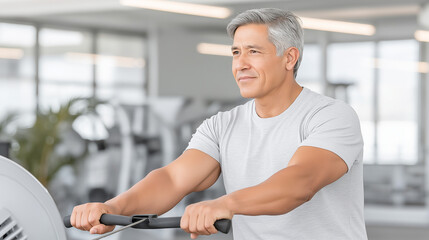 Elderly man exercising on rowing machine in modern gym during the day  