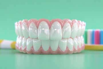 Fototapeta premium Exploring the anatomy of a dental model showcasing realistic teeth in vibrant colors against a mint green background