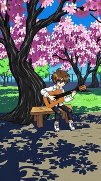Gar&ccedil;on jouant de la guitare sous les cerisiers en fleurs &ndash; style anime printanier

