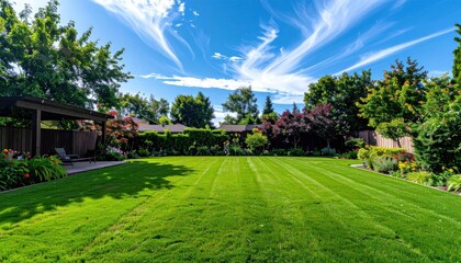 Naklejka premium Lush, green lawn under a bright, wispy cloud sky, bordered by trees and a patio