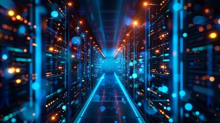 Obraz premium A dark and mysterious data center. The blue lights of the servers are reflected on the floor. The atmosphere is cold and sterile.