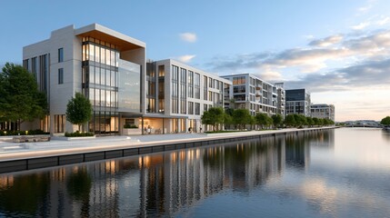 Fototapeta premium A riverside mixed-use development with green glass towers reflecting riparian trees, solar balconies, permeable promenade paving, and an outdoor ESG education pavilion projecting impact metrics