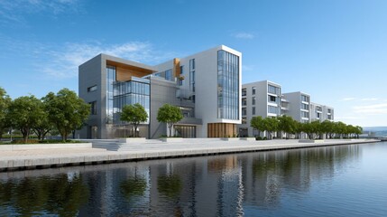 A riverside mixed-use development with green glass towers reflecting riparian trees, solar balconies, permeable promenade paving, and an outdoor ESG education pavilion projecting impact metrics