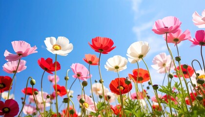 Obraz premium Colorful flowers reaching toward a clear, bright blue sky with fluffy clouds