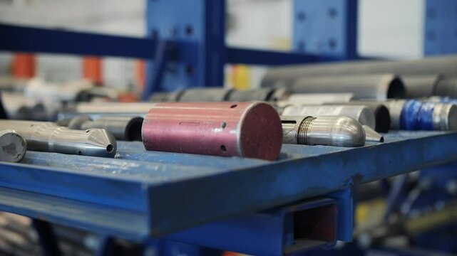 Drilling tool components stored on metal rack in warehouse