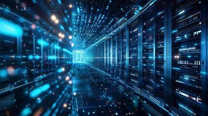 A dark and mysterious data center. The blue lights of the servers are reflected on the floor. The atmosphere is cold and sterile.