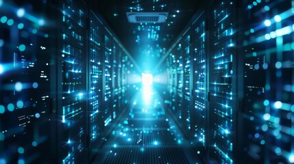 Fototapeta premium A dark and mysterious data center. The blue lights of the servers are reflected on the floor. The atmosphere is cold and sterile.