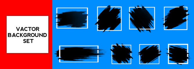 Grunge backgrounds set. Brush black paint ink stroke over square frame. Vector illustration