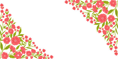 Floral frame with red wild flowers. Botanical design, horizontal decoration. Blossoms, leaves, summer nature. Meadow wildflowers mix, decor. Flat vector illustration isolated on white background.