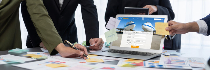 Analyst team use sticky note for creative and analytic brainstorm for business idea with BI data dashboard on laptop screen. Analysis financial data visualization tech for marketing strategy. Prodigy