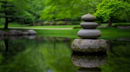 Stacked stones sit peacefully near water with green trees and foliage visible in the background.