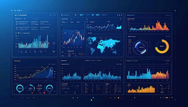 Data analytics dashboard with charts, graphs, world map, and gauges on dark blue background