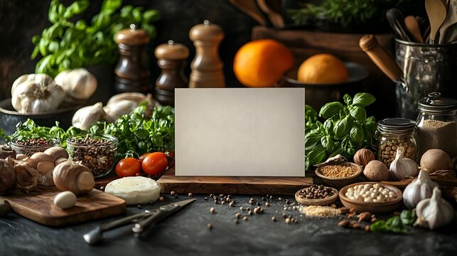 A blank white card on a kitchen counter surrounded by fresh ingredients  long title A blank white card resting on a rustic wooden kitchen