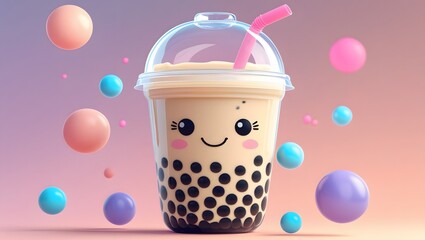 Delightful Bubble Tea A Cute and Refreshing 3D Render of a Happy Boba Drink with Colorful Balls