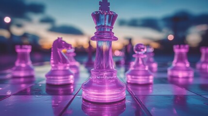 Illuminated chess pieces on a board at sunset