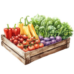 Wooden crate filled with fresh vegetables including red and yellow bell peppers, tomatoes, leafy greens, and purple eggplants, showcasing vibrant and healthy harvest