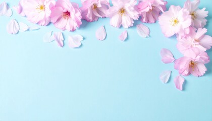Fototapeta premium Soft pink cherry blossoms with scattered petals on a light blue background create a delicate, airy feel