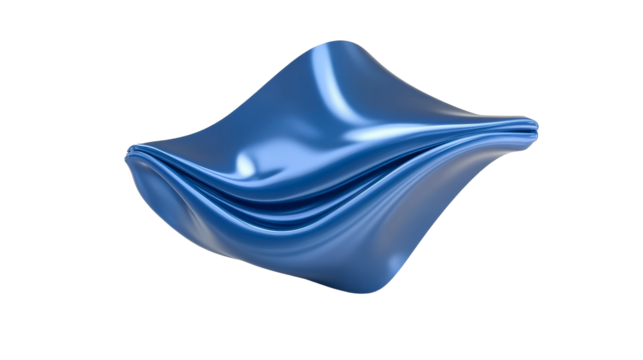 Blue metallic drapery with smooth folds, flowing shape, cut out transparent