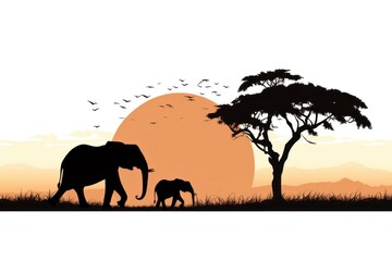Fototapeta premium Silhouette elephant landscape grassland.