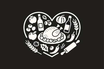 Heart Shaped Thanksgiving Food Icons Turkey, Bread, Apples and More Vector Illustration