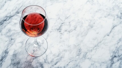 Red wine in glass on marble tabletop high angle view