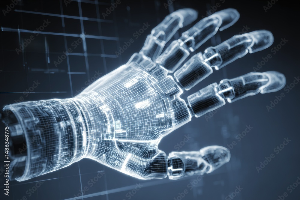 Poster advanced robotic hand showcasing intricate mechanical details and design features in a futuristic se
