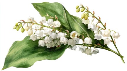 Botanical rendering of clustered Lily of the Valley flowers, delicate shading, transparent background