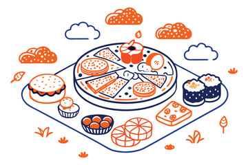 Round, floating food items arranged like a cloud-top picnic spread