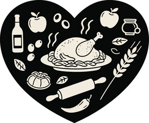 Heart Shaped Thanksgiving Food Icons Turkey, Bread, Apples and More Vector Illustration