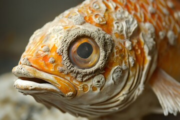 Close up of mold growing on a dead fish, highlighting the process of decomposition in a biological context