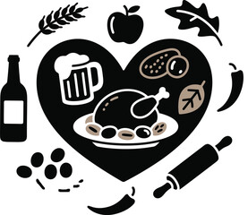 Heart Shaped Thanksgiving Food Icons Turkey, Bread, Apples and More Vector Illustration