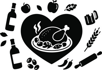 Heart Shaped Thanksgiving Food Icons Turkey, Bread, Apples and More Vector Illustration