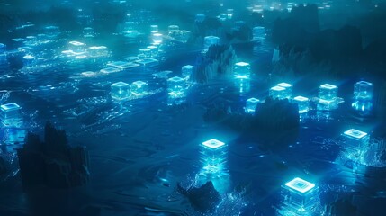 A dark and mysterious data center. The blue lights of the servers are reflected on the floor. The atmosphere is cold and sterile.