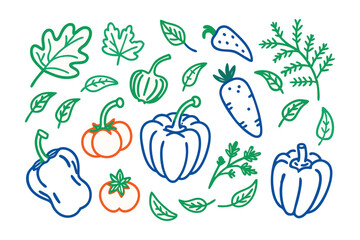 Soft-edge veggies like tomatoes, carrots, and bell peppers with gentle curves and floating leaves