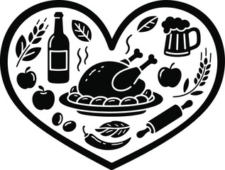 Heart Shaped Thanksgiving Food Icons Turkey, Bread, Apples and More Vector Illustration