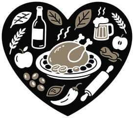 Heart Shaped Thanksgiving Food Icons Turkey, Bread, Apples and More Vector Illustration