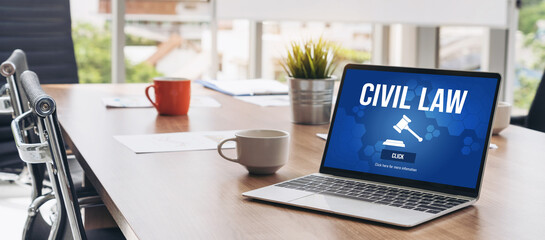 Civil law brisk information showing on computer screen for Common Justice Legal Regulation Rights...