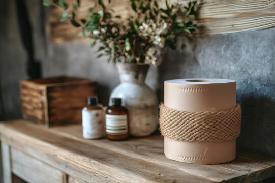 Recycled toilet paper roll wrapped with rope sits on wooden shelf in rustic bathroom, promoting sustainable lifestyle
