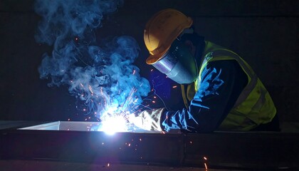 Welder At Work Welding Metal With Bright Sparks And Protective Gear In Low Light