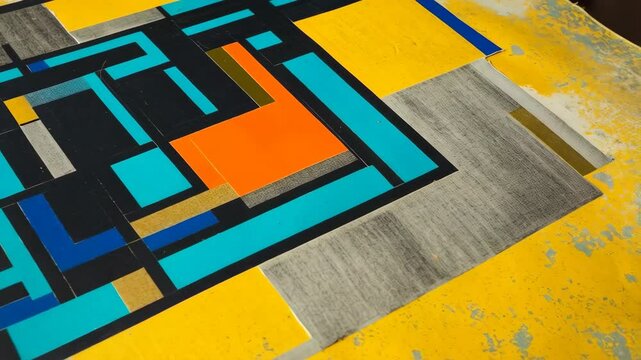 Abstract geometric artwork featuring black background with vibrant yellow, turquoise, blue, orange, and gold rectangular shapes and gray textures