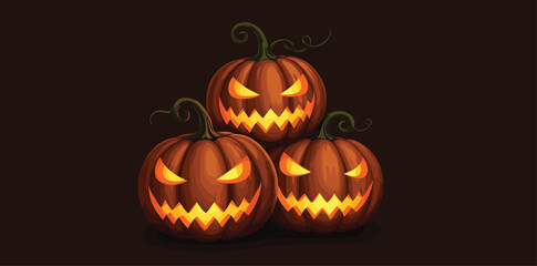 Spooky Halloween Jack-O'-Lanterns, Sinister Glowing Pumpkin Carvings with Creepy Faces, Isolated on Transparent Background