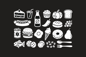 Chalkboard Food Graphics Burgers, Cakes, Fish & More Vector Illustration