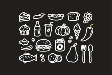 Chalkboard Food Graphics Burgers, Cakes, Fish & More Vector Illustration