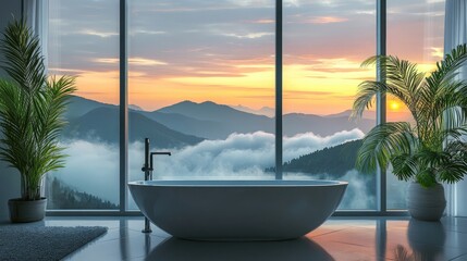 Fototapeta premium Round bathtub in front of glass walls framing misty mountain view at dawn