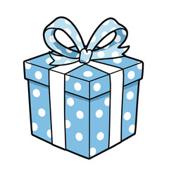 A blue gift box with white polka dots, wrapped with a matching polka-dotted blue ribbon and bow, on a white background.