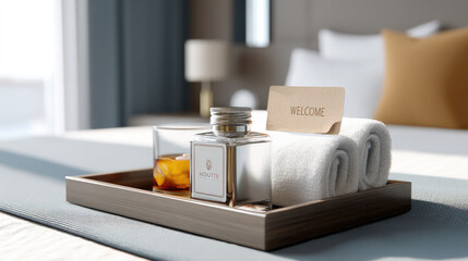 Cozy hotel room scene with a tray holding drinks, towels, & a welcome note