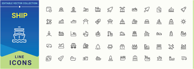 Ship modern icon set. It contains symbols to boat, travel, vacation, ping, transport and more. Boat line icon set. Outline symbol collection. Vector illustration. Pixel perfect.