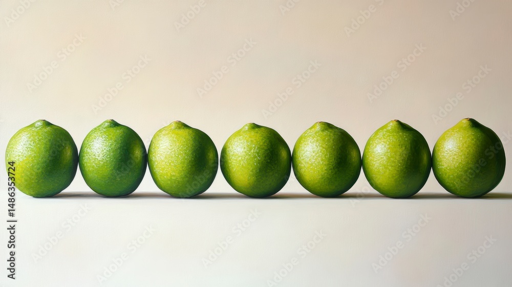 Poster seven limes in a row on a white surface, studio shot.