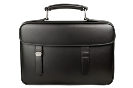 Classic black leather briefcase with metal fittings, cut out transparent
